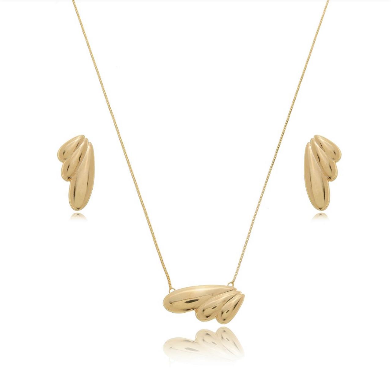 Conjunto de Brinco e Colar Liso com Banho em Ouro 18K