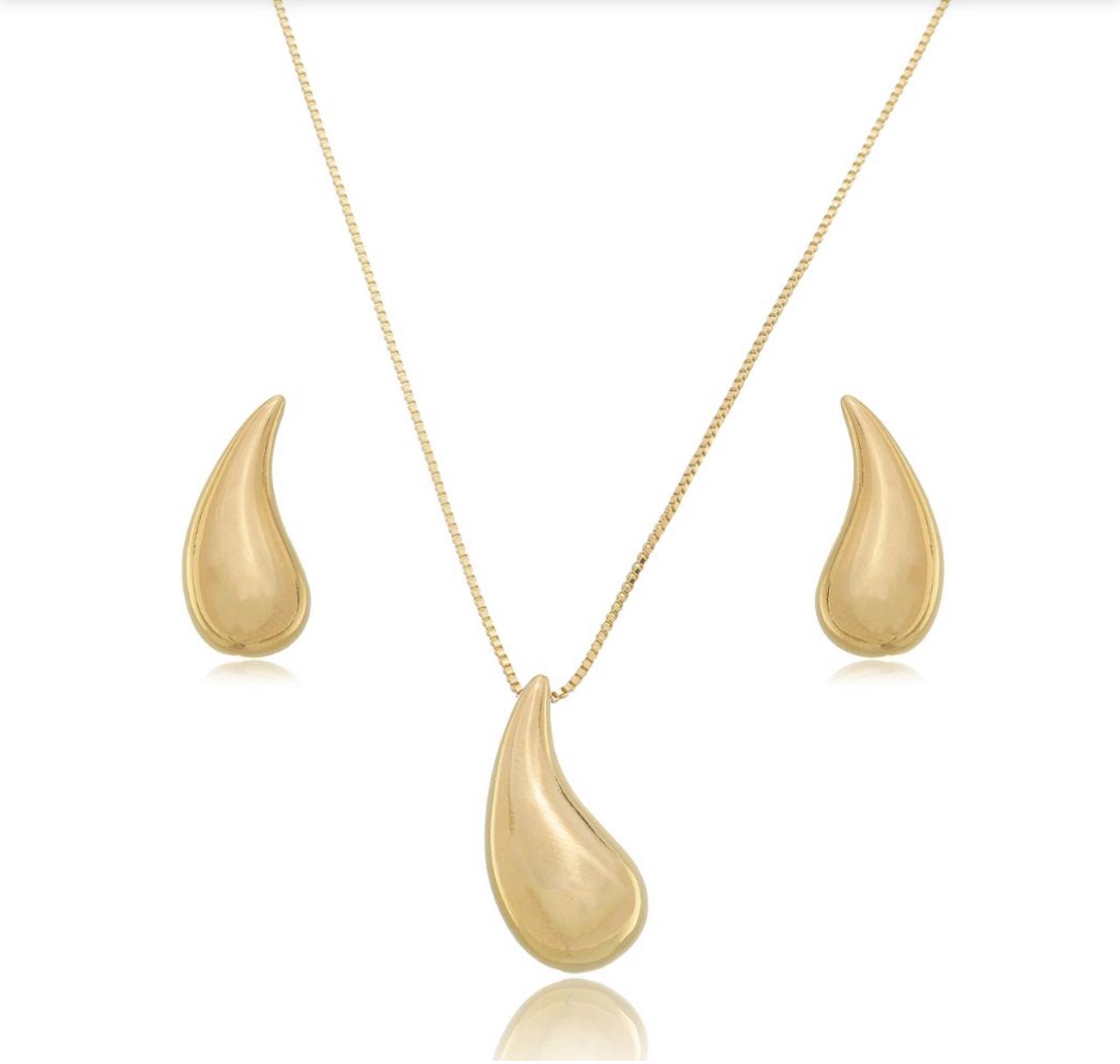Conjunto de Brinco e Colar Dourado Gota Liso com Banho em Ouro 18K